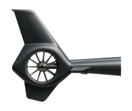 V-shaped tail fin with horizontal stabilizers and a rear rotor.