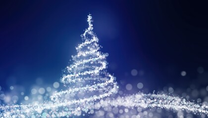 Abstract Glowing Christmas Tree Sparkle Effect on Dark Blue Background.