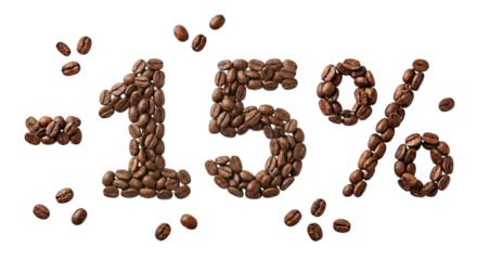 Minus 15% discount text made of roasted coffee beans isolated on transparent background
