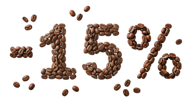 Minus 15% discount text made of roasted coffee beans isolated on transparent background