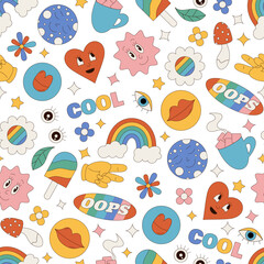 Groovy retro seamless pattern in a playful style with colorful heart, flower and rainbow forms. Fun background and y2k vibe create unique pattern for cheerful wallpaper creative project use.