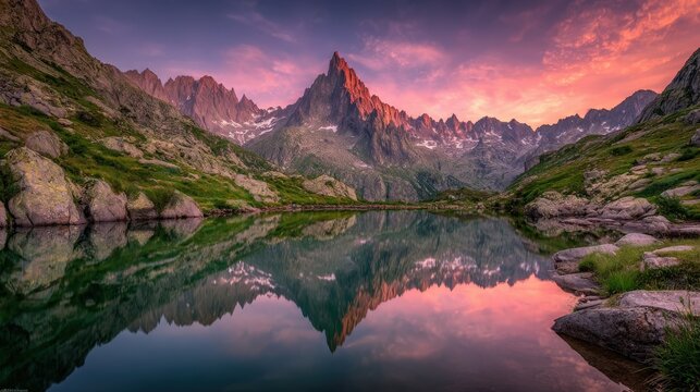 Jagged alpine peaks reflect perfectly upon the still surface of a mountain tarn at sunset