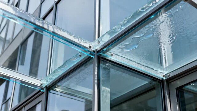Detailed medium shot focusing on the integration of hydrogel laminated glass in urban architecture for improved durability and safety features.