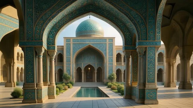 Persian or Islamic architecture with ornate blue-tiled arches, grand courtyard, central reflecting pool, and large turquoise dome, tranquil garden setting under soft daylight, historic mosque or palac