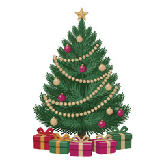 Cute illustration of cartoon Christmas tree with gift boxes isolated on white background