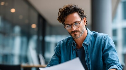 A focused individual engrossed in reading and analyzing important documents in a bright area