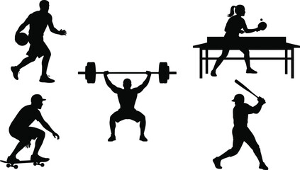 Silhouette collection of athletes engaging in various sports activities with white background