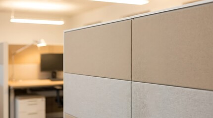 Contemporary office partition with textured panels and a subtle pattern, blurring into a modern workspace background