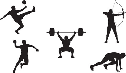 Silhouette collection of athletes performing various sports activities on white background