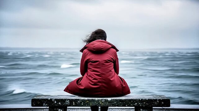 Woman Sitting Alone by the Ocean in Red Jacket