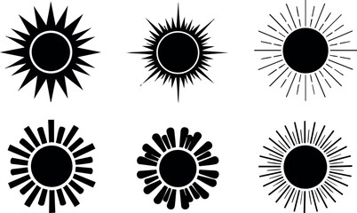 Fototapeta premium Set of black sun icons with various rays and styles vector illustration