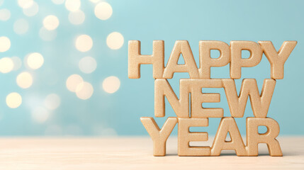 Happy New Year gold letters festive celebration with bokeh lights on blue background, cheerful holiday greeting, joyful atmosphere, wooden table foreground