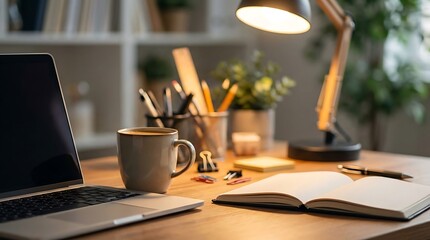 A cozy and productive home office desk setup featuring a laptop, coffee, open notebook, and warm lamp light