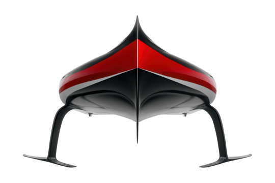 Catamaran featuring a pointed bow and submerged hydrofoils in red and white.