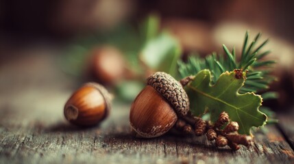 Close up features ripe nuts and evergreen sprigs resting upon weathered wooden surface