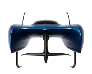 Curved-hull blue catamaran featuring a retractable hydrofoil system.