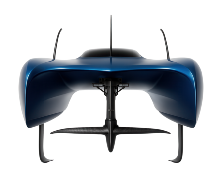 Curved-hull blue catamaran featuring a retractable hydrofoil system.