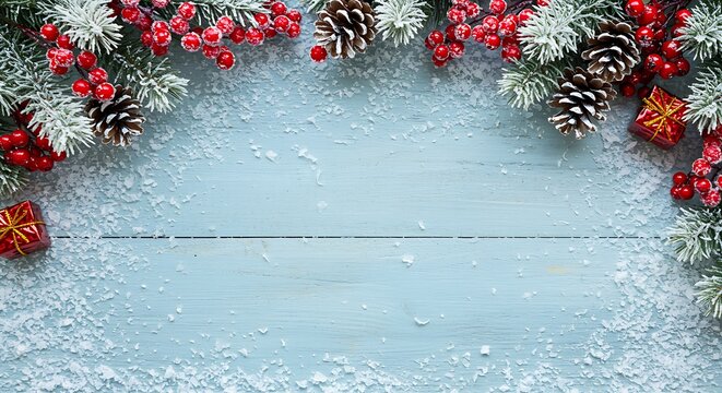 Christmas pine branches with red berries and snow on blue wood pine cones - Powered by Adobe