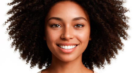 a radiant young afro woman with naturally curly, voluminous dark hair. smiling genuinely with perfect, even teeth and a healthy glow to her skin.