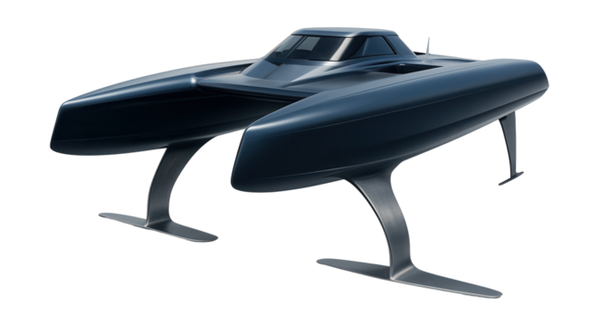 Sleek dual-hull hydrofoil catamaran for enhanced performance on water.