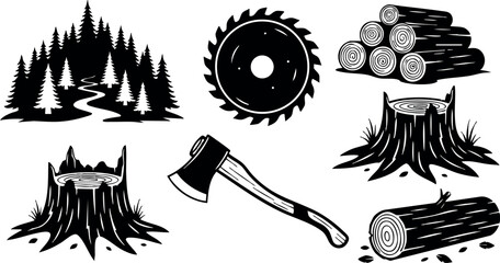Naklejka premium Forest landscape with trees axe saw and logs silhouette vector illustration
