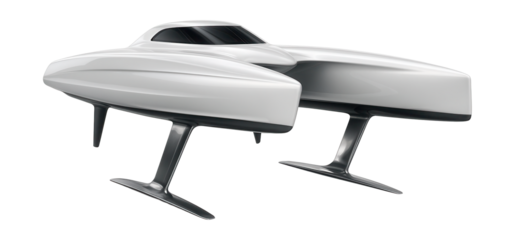 High-performance catamaran featuring strong hulls and built-in hydrofoils.