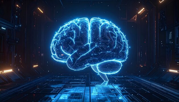 Glowing digital brain outlined with neon circuitry against a dark, futuristic background