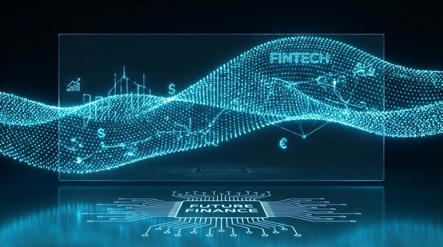 Abstract digital wave of glowing data particles symbolizing fintech innovation and the future of finance