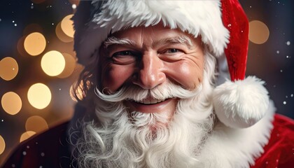 A close-up portrait of Santa Claus smiling warmly with festive bokeh lights in the background.