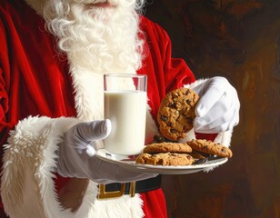 Santa Claus holds a glass of milk and a plate of cookies.