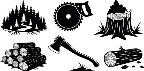 Forest and logging icons with axe saw tree stump and timber logs vector illustration