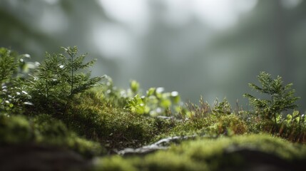 Serene Woodland Vista: Lush Moss and Miniature Flora in a Tranquil Setting