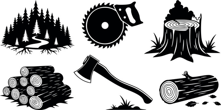 Forest and logging icons with axe saw tree stump and timber logs vector illustration