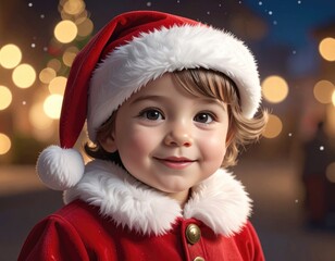 A young child wearing a Santa hat and outfit smiles at the camera, with a bokeh background of Christmas lights.