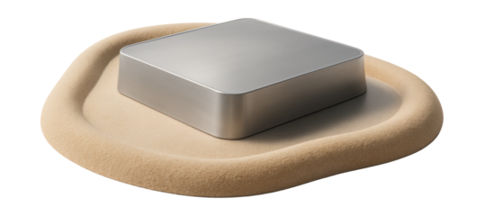 Man-made island platform featuring a sand-filled border and a central structure.