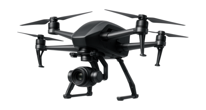 Aerial filming drone featuring retractable landing gear and 360-degree camera mount.