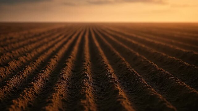 Perfectly tilled farmland with deep parallel furrows at golden hour, endless lines of rich brown soil in dramatic perspective, warm agricultural landscape stretching to the horizon under glowing sky
