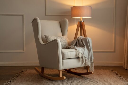 Cozy rocking chair with warm lamp light and blanket