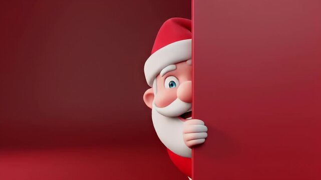 Funny 3d cartoon Santa Claus peeking from behind red wall, smiling face looking at camera, christmas holiday background, copy space for text, greeting card banner concept.