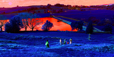 A surreal Yorkshire night, painted in deep blue and pink, with figures walking near the Great Northern Railway Trail toward Hewenden Reservoir in Cullingworth. Yorkshire, UK