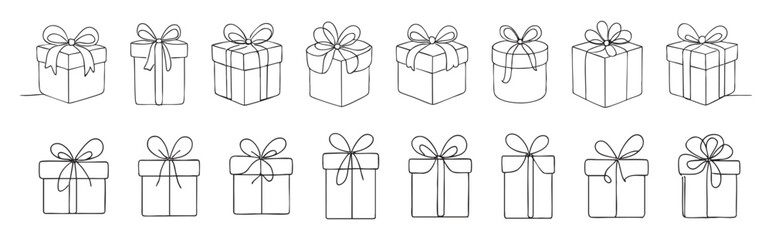 SET - Black outline illustrations of gift boxes with bows, isolated on white background. concept of presents, celebrations, gift wrapping, icons, design elements, Continuous one line drawing