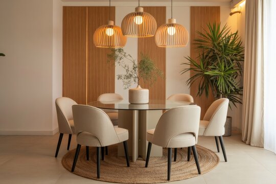 Modern dining room with round glass table and upholstered chairs