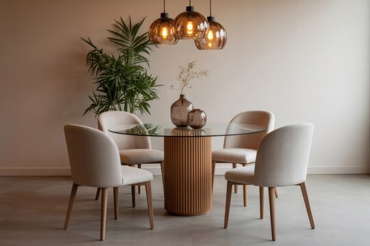 Modern dining room with round glass table and upholstered chairs