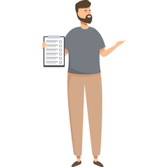 Full Body Shot of a Bearded Man in Casual Gray T-Shirt and Tan Pants Holding a Clipboard with a List Against a Transparent Background