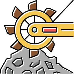 Industrial Excavator Bucket Wheel Digging Into Rocks With Yellow Arm And Brown Teeth Against Transparent Background