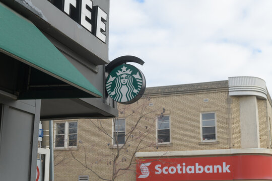 projecting sign outside Starbucks 444 Eglinton Av W and Scotiabank 438 Eglinton Av W, Toronto