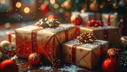 Beautifully wrapped Christmas gifts with sparkling decorations and bokeh lights.