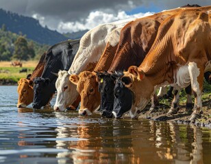 A herd of cows of various colors drinks water from a shallow lake on a sunny day.