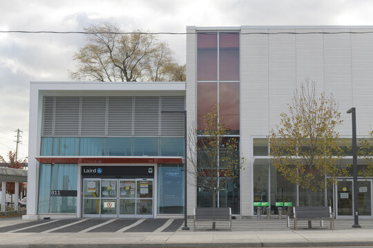exterior of Laird LRT Station, Eglinton Crosstown, located at 819 Eglinton Av E, Toronto