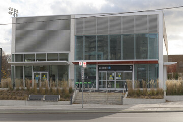 Fototapeta premium exterior of Leaside LRT Station – Main Entrance, Eglinton Crosstown, located at 658 Eglinton Av E, Toronto